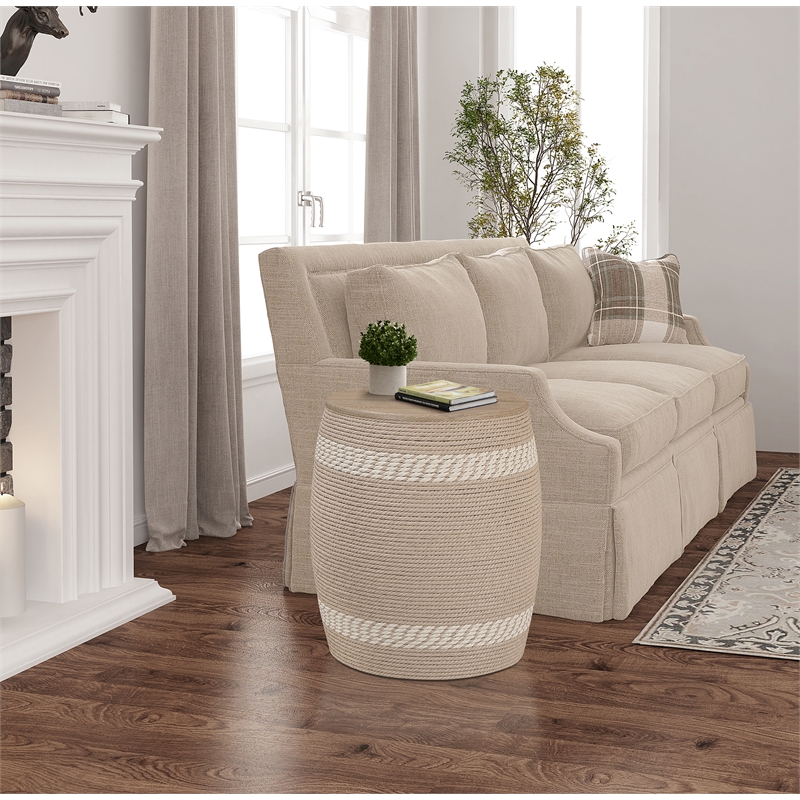 Pemberly Row Transitional Rattan Drum Side Table in Natural Finish