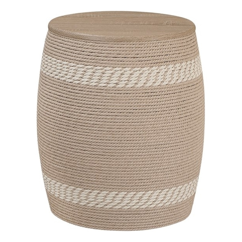 Pemberly Row Transitional Rattan Drum Side Table in Natural Finish