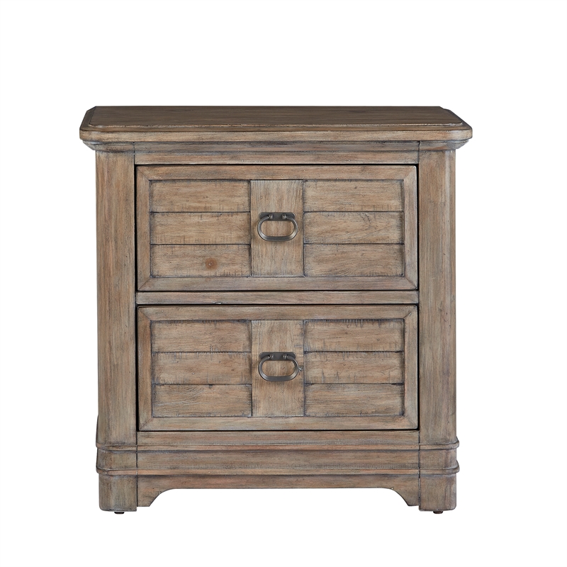 Pemberly Row Beige Antique Sand Wood Two Drawer Farmhouse Style Nightstand