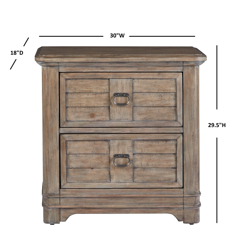 Pemberly Row Beige Antique Sand Wood Two Drawer Farmhouse Style Nightstand