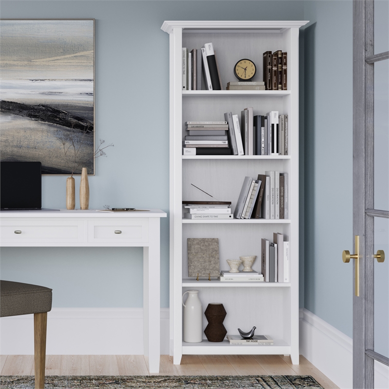 Pemberly Row Solid Wood 72 inch x 26 inch Transitional 5 Shelf Bookcase in White