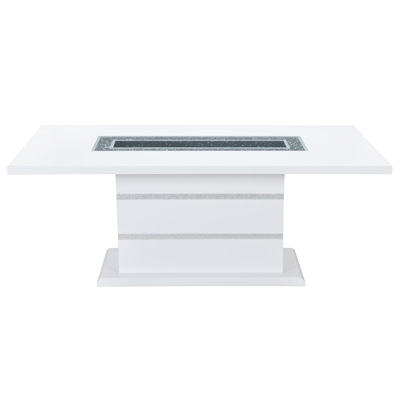 Pemberly Row Modern Wood White Dining Table with Clear Glass Inlay