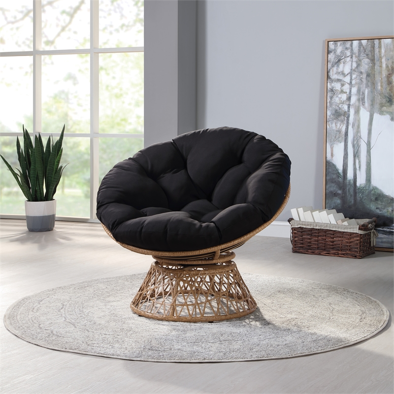 Pemberly Row Chair with Black Round Pillow Cushion Fabric - Natural Wicker Weave