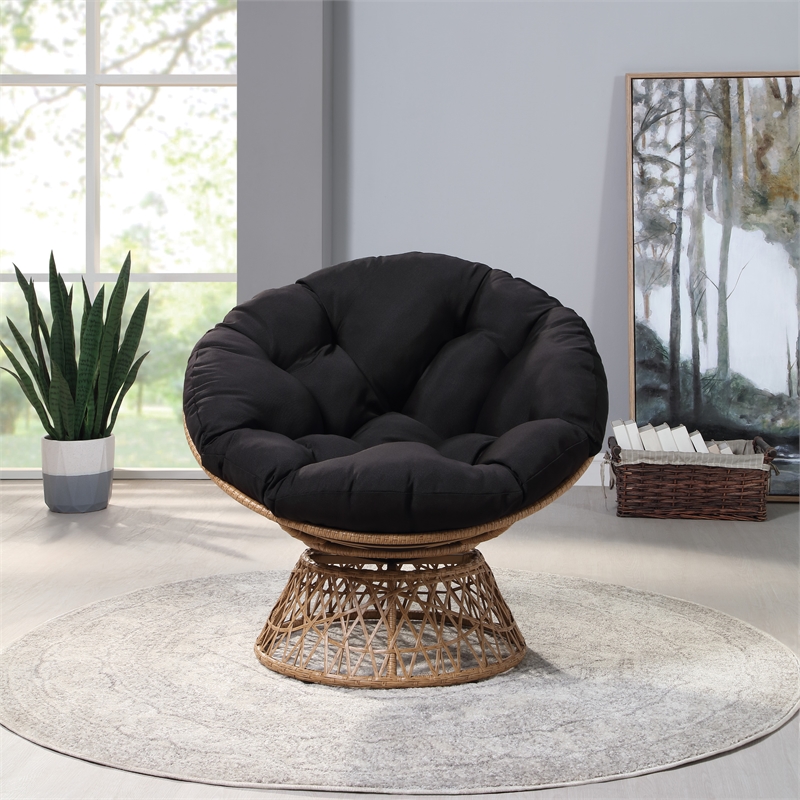 Pemberly Row Chair with Black Round Pillow Cushion Fabric - Natural Wicker Weave