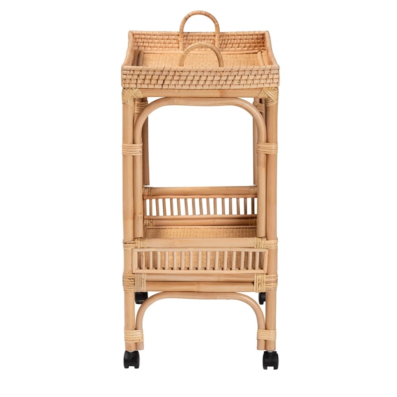 Pemberly Row 1-Shelf Modern Rattan & Wood Wine Cart in Natural Brown