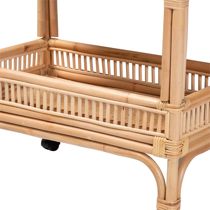 Pemberly Row 1-Shelf Modern Rattan & Wood Wine Cart in Natural Brown