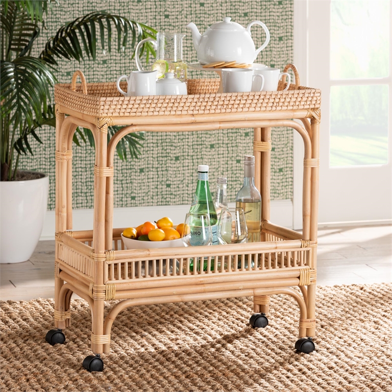 Pemberly Row 1-Shelf Modern Rattan & Wood Wine Cart in Natural Brown