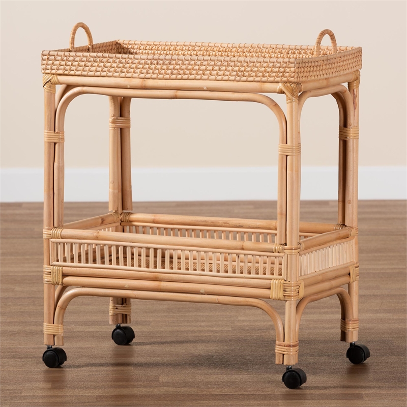 Pemberly Row 1-Shelf Modern Rattan & Wood Wine Cart in Natural Brown