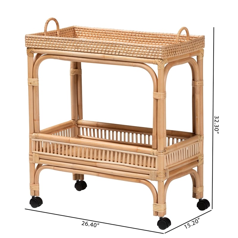 Pemberly Row 1-Shelf Modern Rattan & Wood Wine Cart in Natural Brown