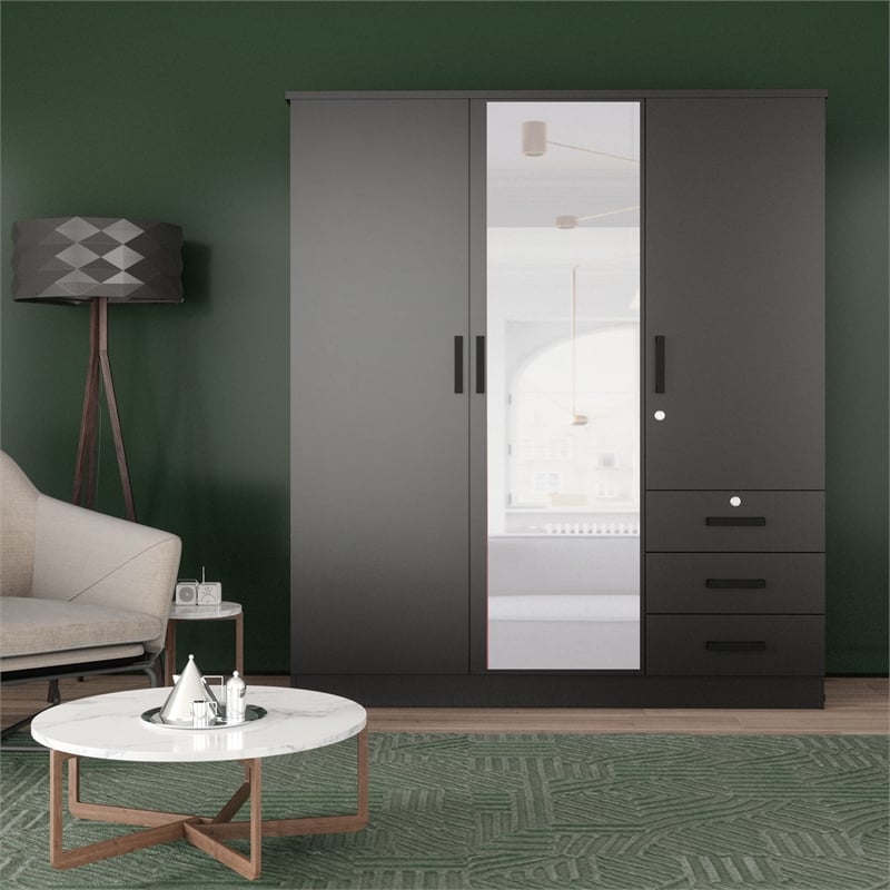 Pemberly Row Engineered Wood Wardrobe Armoire with Mirror in Black