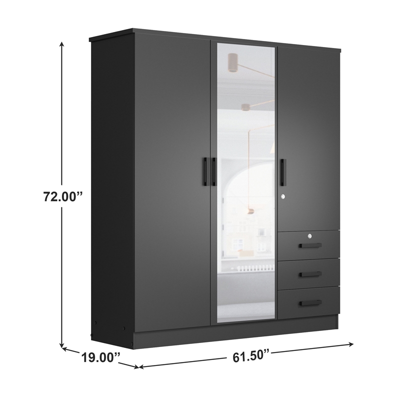 Pemberly Row Engineered Wood Wardrobe Armoire with Mirror in Black