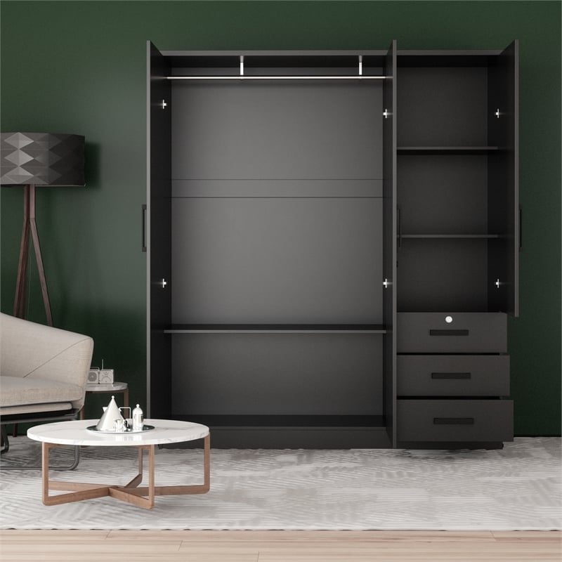 Pemberly Row Engineered Wood Wardrobe Armoire with Mirror in Black