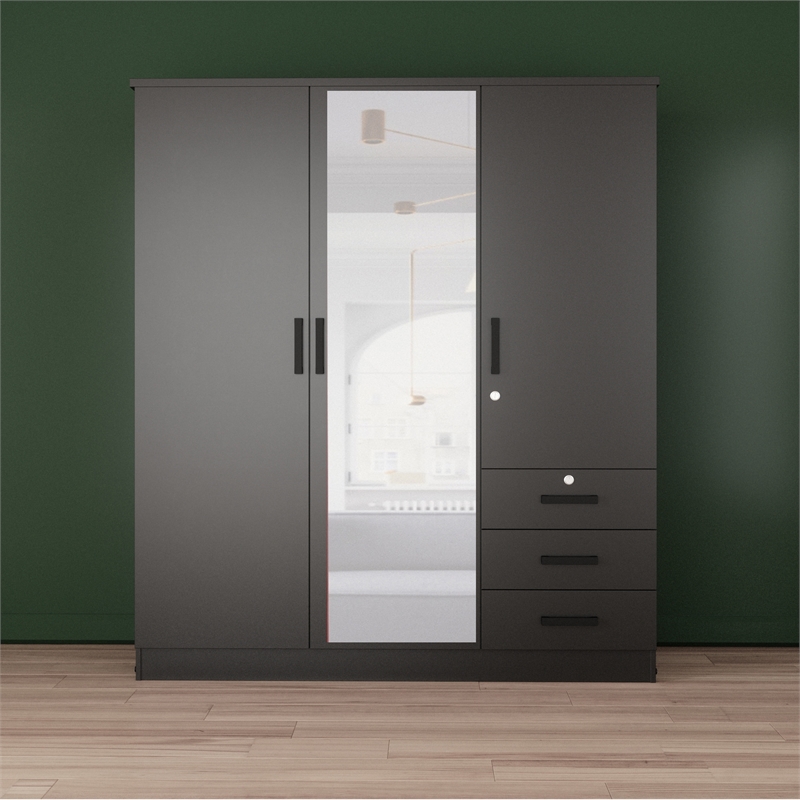 Pemberly Row Engineered Wood Wardrobe Armoire with Mirror in Black