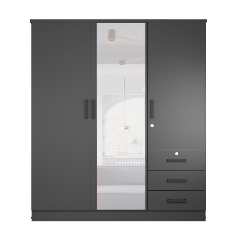 Pemberly Row Engineered Wood Wardrobe Armoire with Mirror in Black