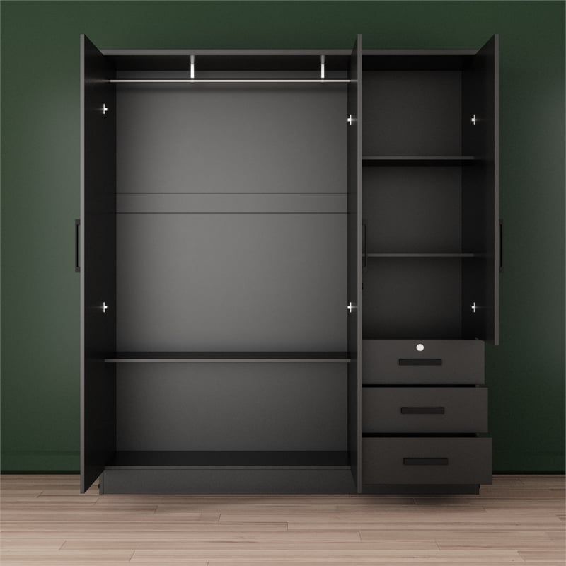 Pemberly Row Engineered Wood Wardrobe Armoire with Mirror in Black