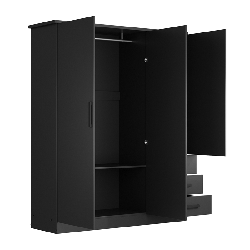 Pemberly Row Engineered Wood Wardrobe Armoire with Mirror in Black