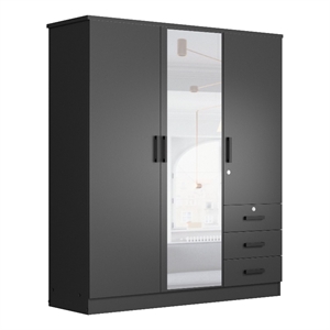 Pemberly Row Engineered Wood Wardrobe Armoire with Mirror in Black