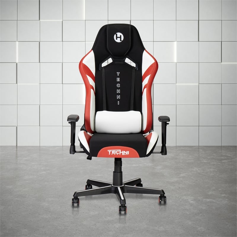 Pemberly Row Modern Fabric Echo Gaming Chair with Height Adjustable in Black/Red