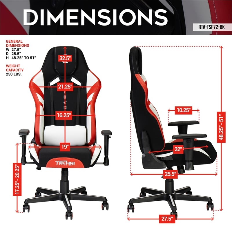 Pemberly Row Modern Fabric Echo Gaming Chair with Height Adjustable in Black/Red