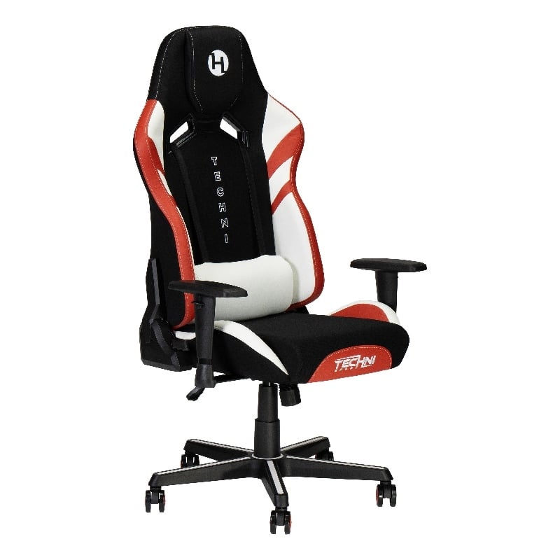 Pemberly Row Modern Fabric Echo Gaming Chair with Height Adjustable in Black/Red