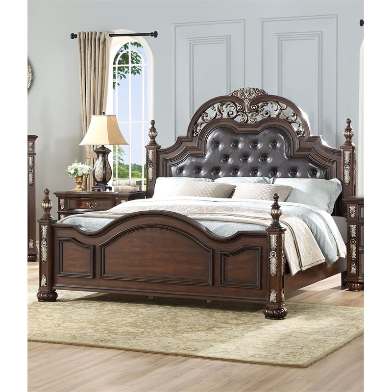 Pemberly Row Contemporary Solid Wood King Bed in Madeira Brown