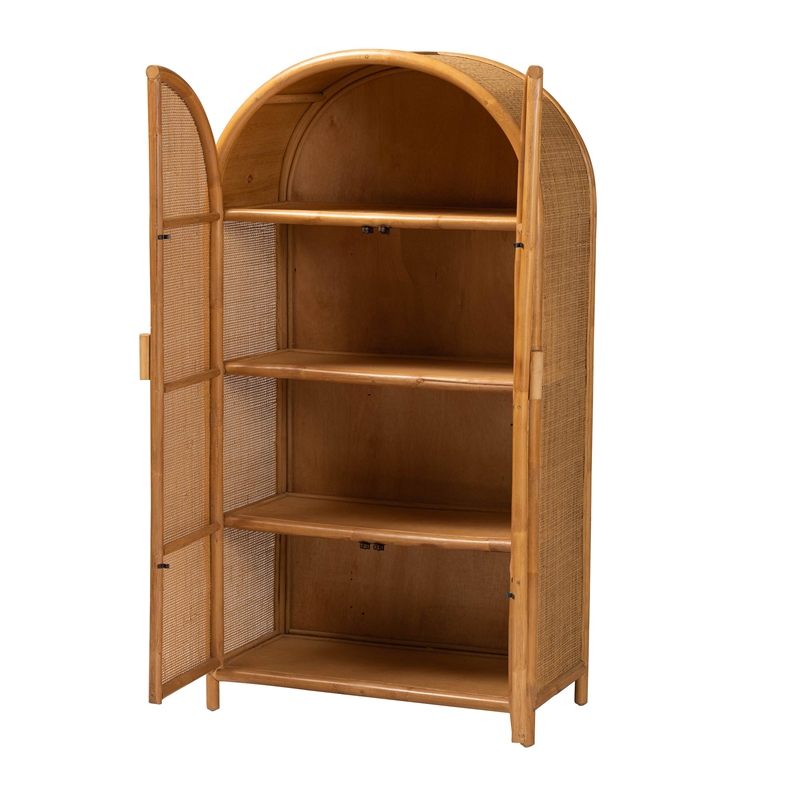 Pemberly Row Modern Bohemian Light Honey Rattan Large Storage Cabinet