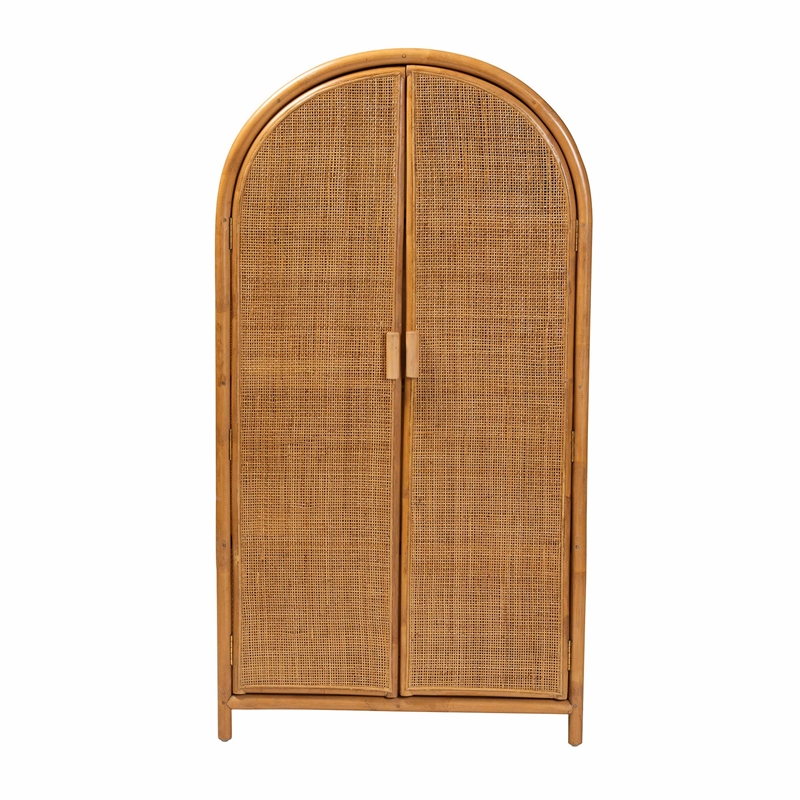Pemberly Row Modern Bohemian Light Honey Rattan Large Storage Cabinet