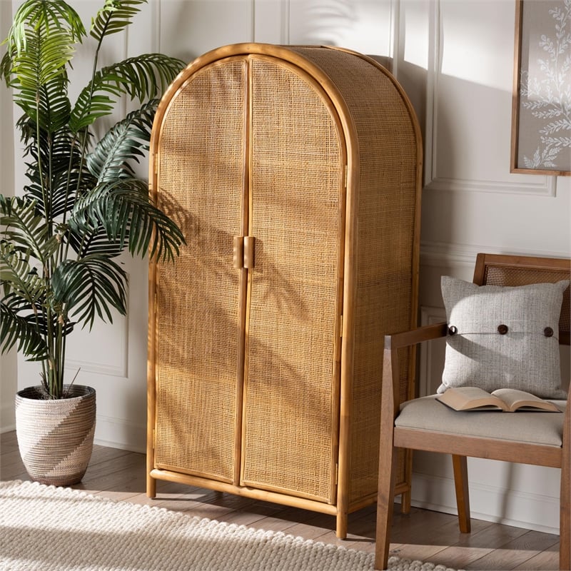 Pemberly Row Modern Bohemian Light Honey Rattan Large Storage Cabinet