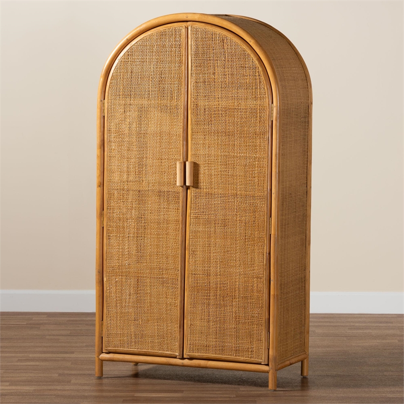 Pemberly Row Modern Bohemian Light Honey Rattan Large Storage Cabinet