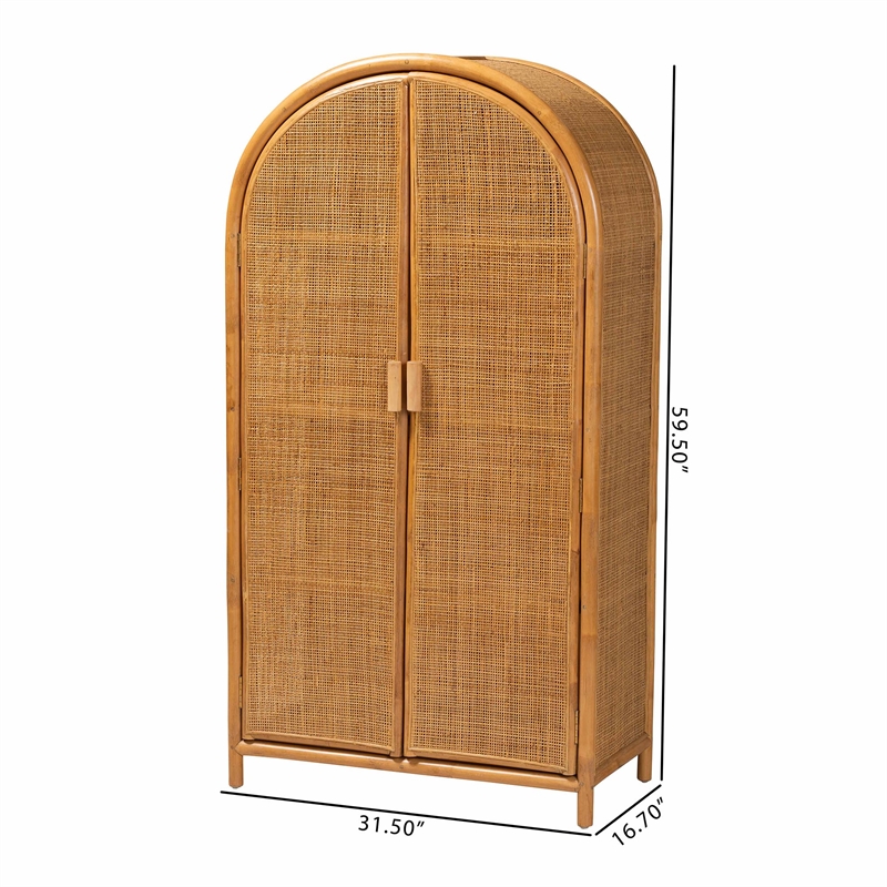 Pemberly Row Modern Bohemian Light Honey Rattan Large Storage Cabinet