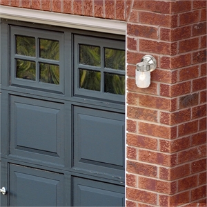 Pemberly Row Outdoor Wall Mount Jelly Jar Stainless Steel Sconce in Satin Nickel