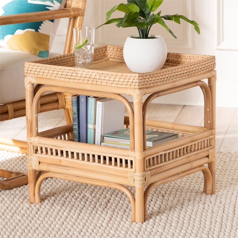 Pemberly Row Contemporary Bohemian Natural Finish Rattan End Table