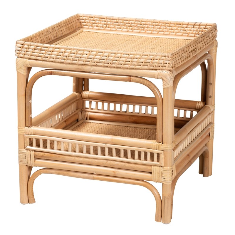 Pemberly Row Contemporary Bohemian Natural Finish Rattan End Table