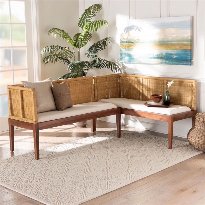 Pemberly Row Brown Rattan Acacia Wood 2-Piece Dining Nook Banquette Set