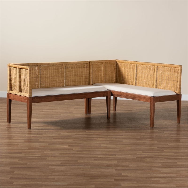 Pemberly Row Brown Rattan Acacia Wood 2-Piece Dining Nook Banquette Set