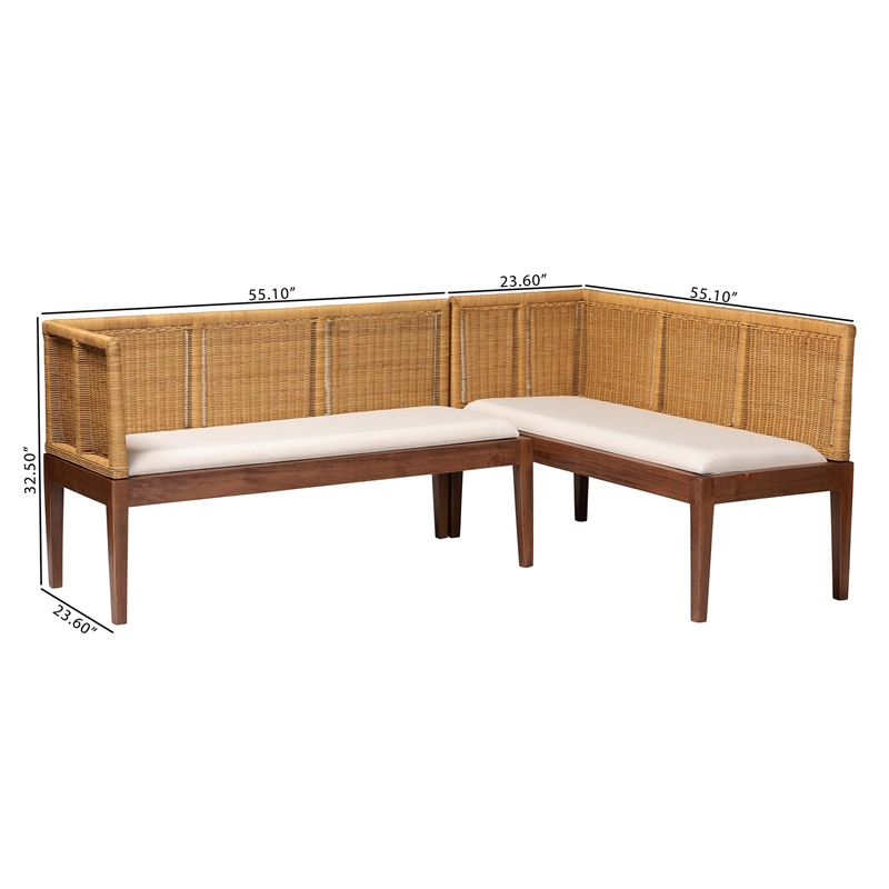 Pemberly Row Brown Rattan Acacia Wood 2-Piece Dining Nook Banquette Set