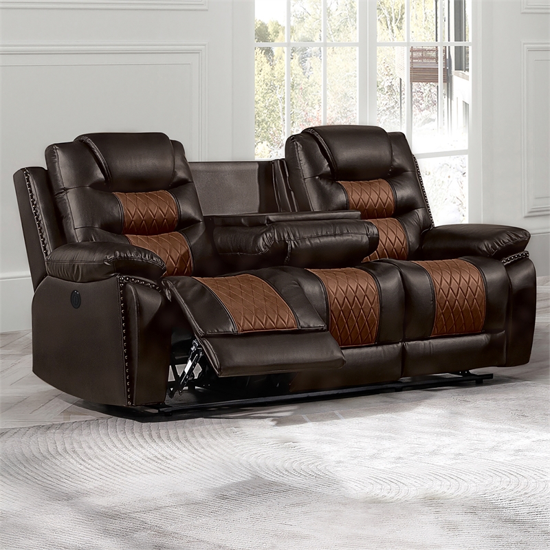 Pemberly Row Modern Leather Sofa with Power Footrest in Brown