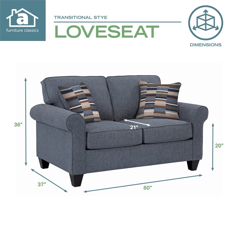 Pemberly Row Contemporary Rolled Arm Loveseat with Two Pillows