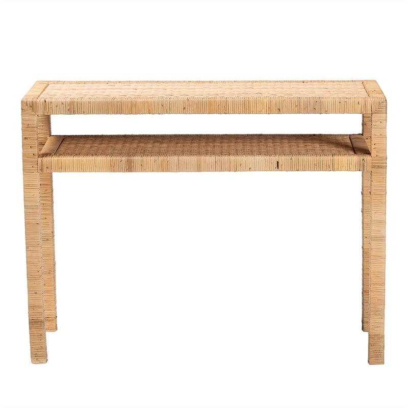Pemberly Row Light Honey Rattan and Acacia Wood Console Table