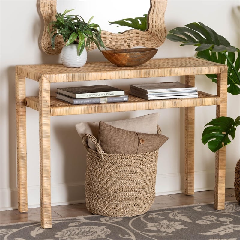 Pemberly Row Light Honey Rattan and Acacia Wood Console Table