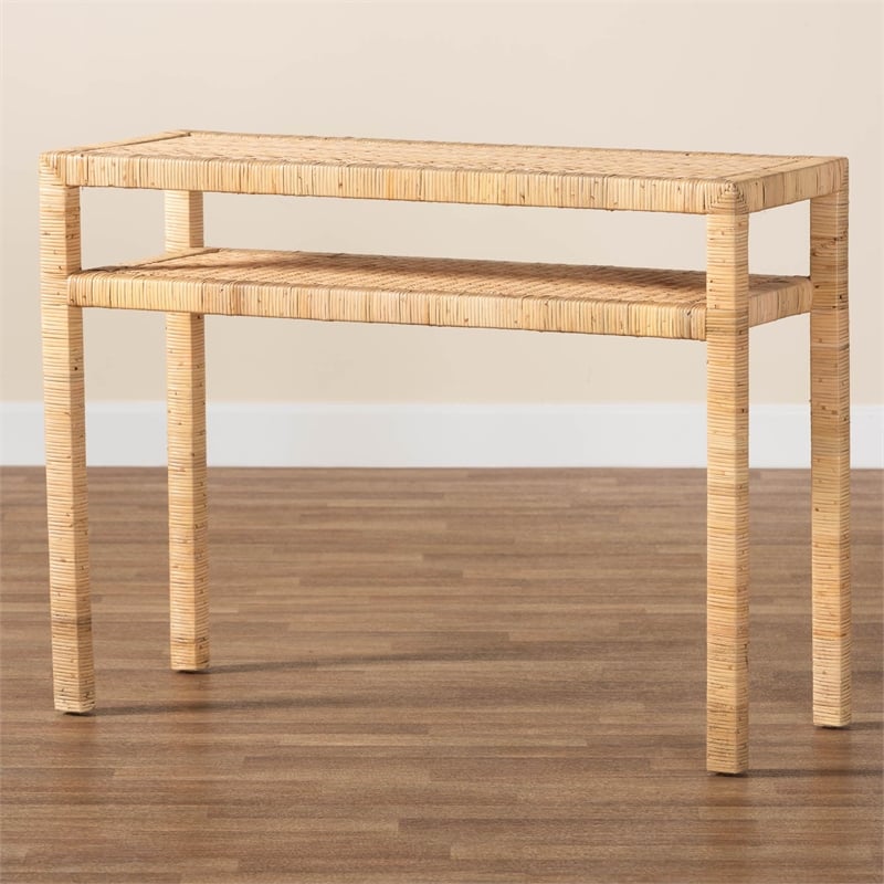 Pemberly Row Light Honey Rattan and Acacia Wood Console Table