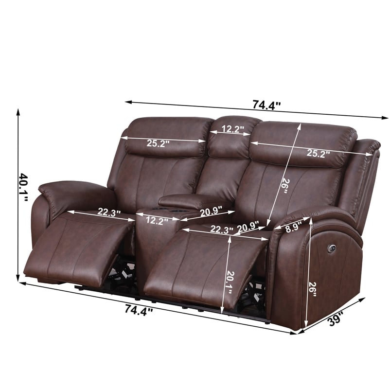 Pemberly Row Leather Loveseat Power Lift Reclining Sofa with Cupholder in Brown