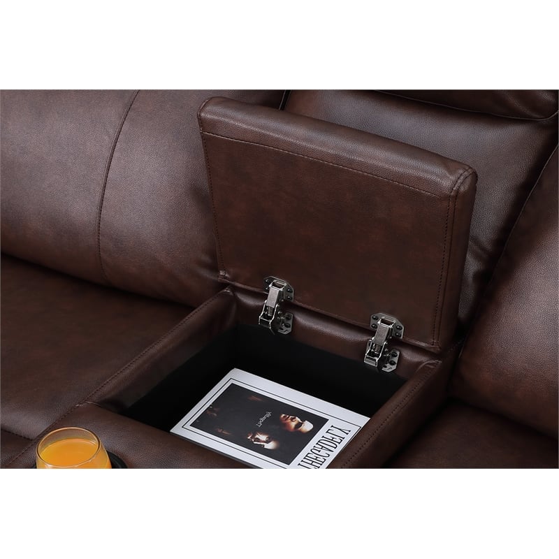 Pemberly Row Leather Loveseat Power Lift Reclining Sofa with Cupholder in Brown