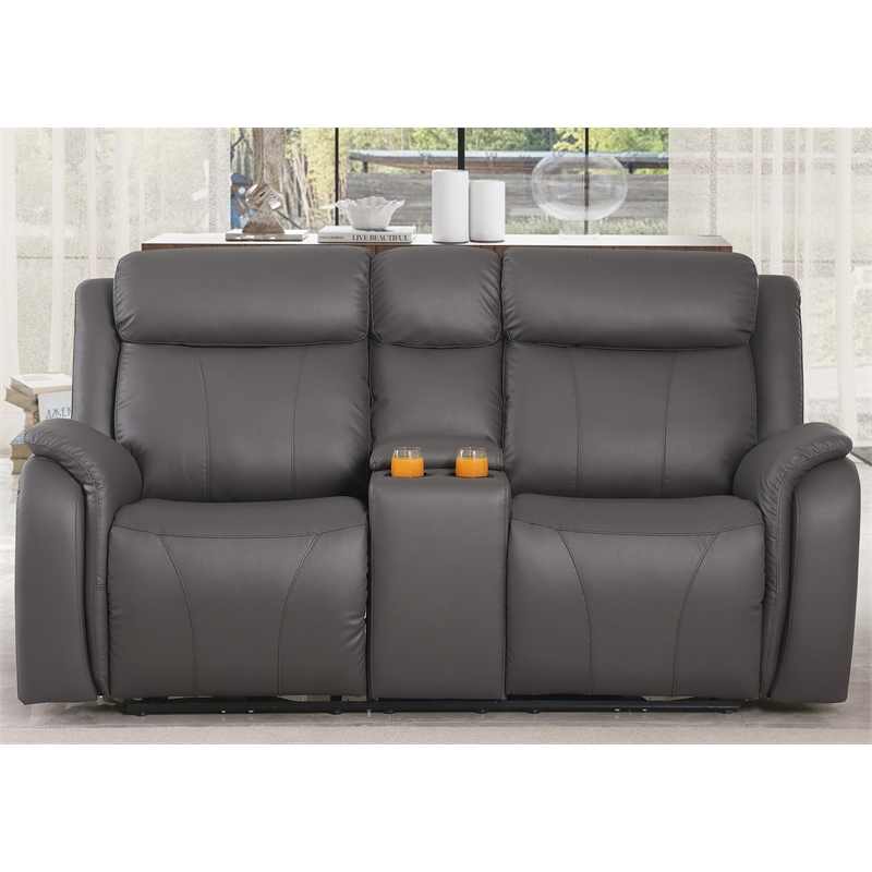 Pemberly Row Leather Loveseat Power Lift Reclining Sofa with Cupholder in Gray