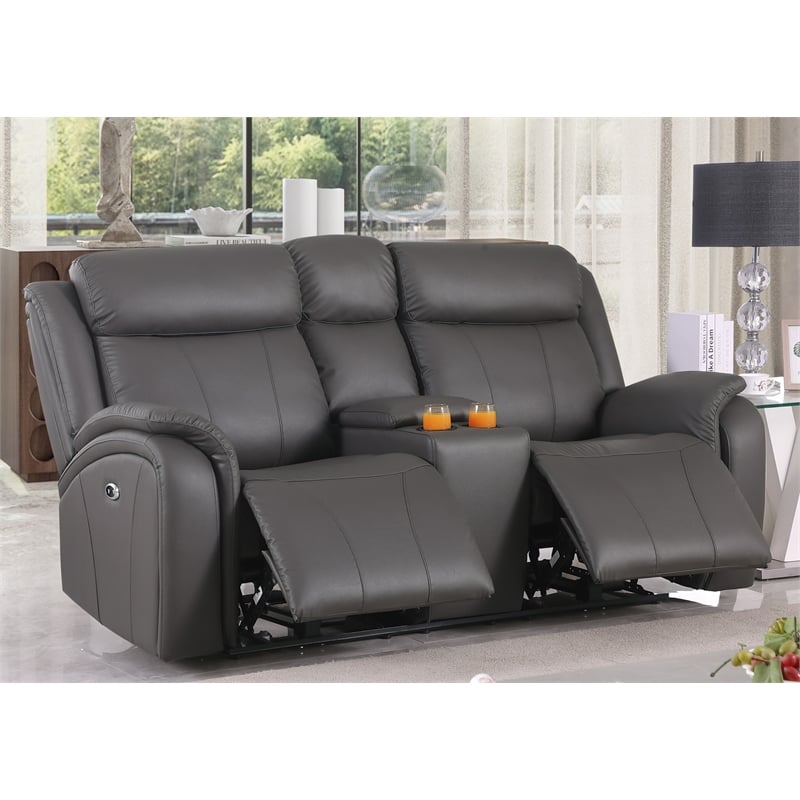 Pemberly Row Leather Loveseat Power Lift Reclining Sofa with Cupholder in Gray