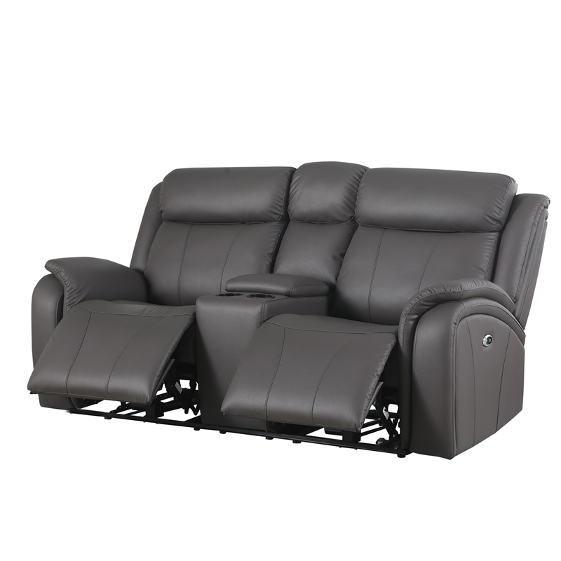 Pemberly Row Leather Loveseat Power Lift Reclining Sofa with Cupholder in Gray