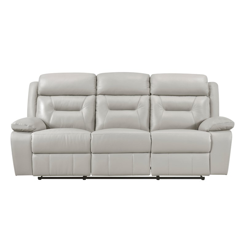 Pemberly Row Contemporary Leather Double Reclining Sofa in Silver