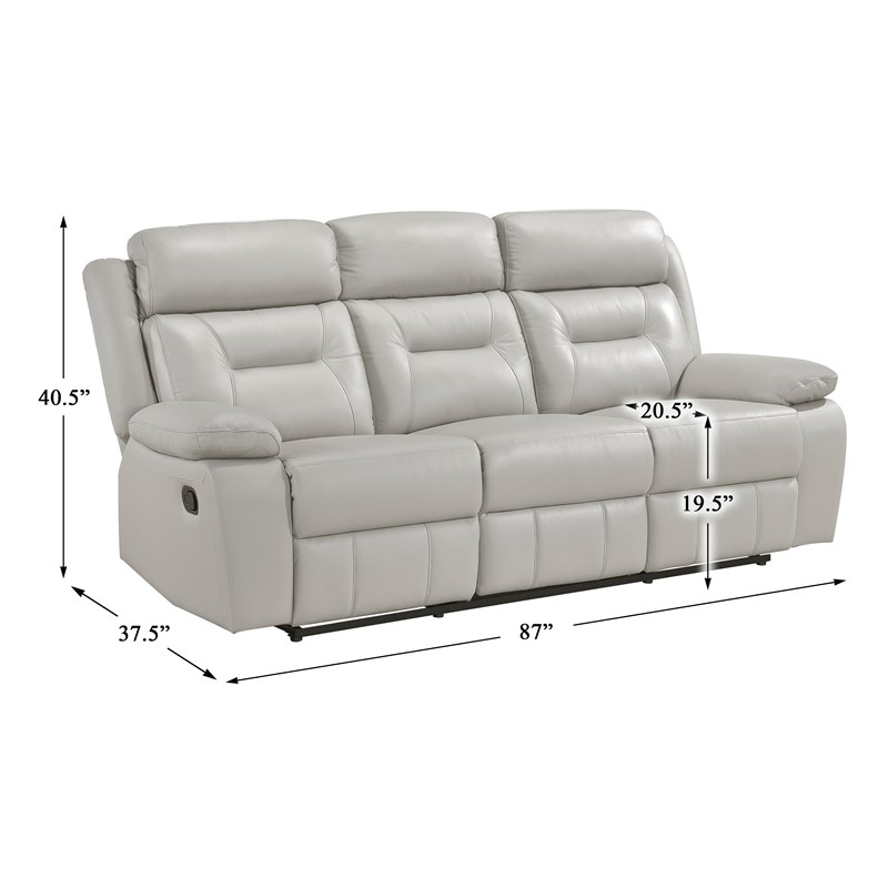 Pemberly Row Contemporary Leather Double Reclining Sofa in Silver