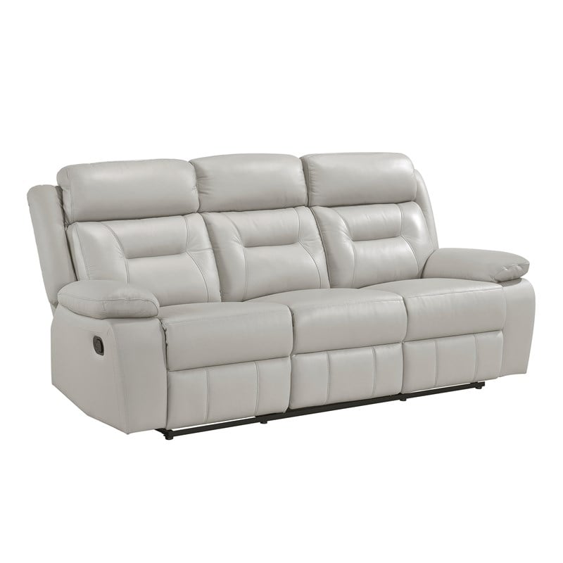 Pemberly Row Contemporary Leather Double Reclining Sofa in Silver