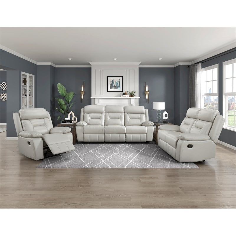 Pemberly Row Contemporary Leather Double Reclining Sofa in Silver